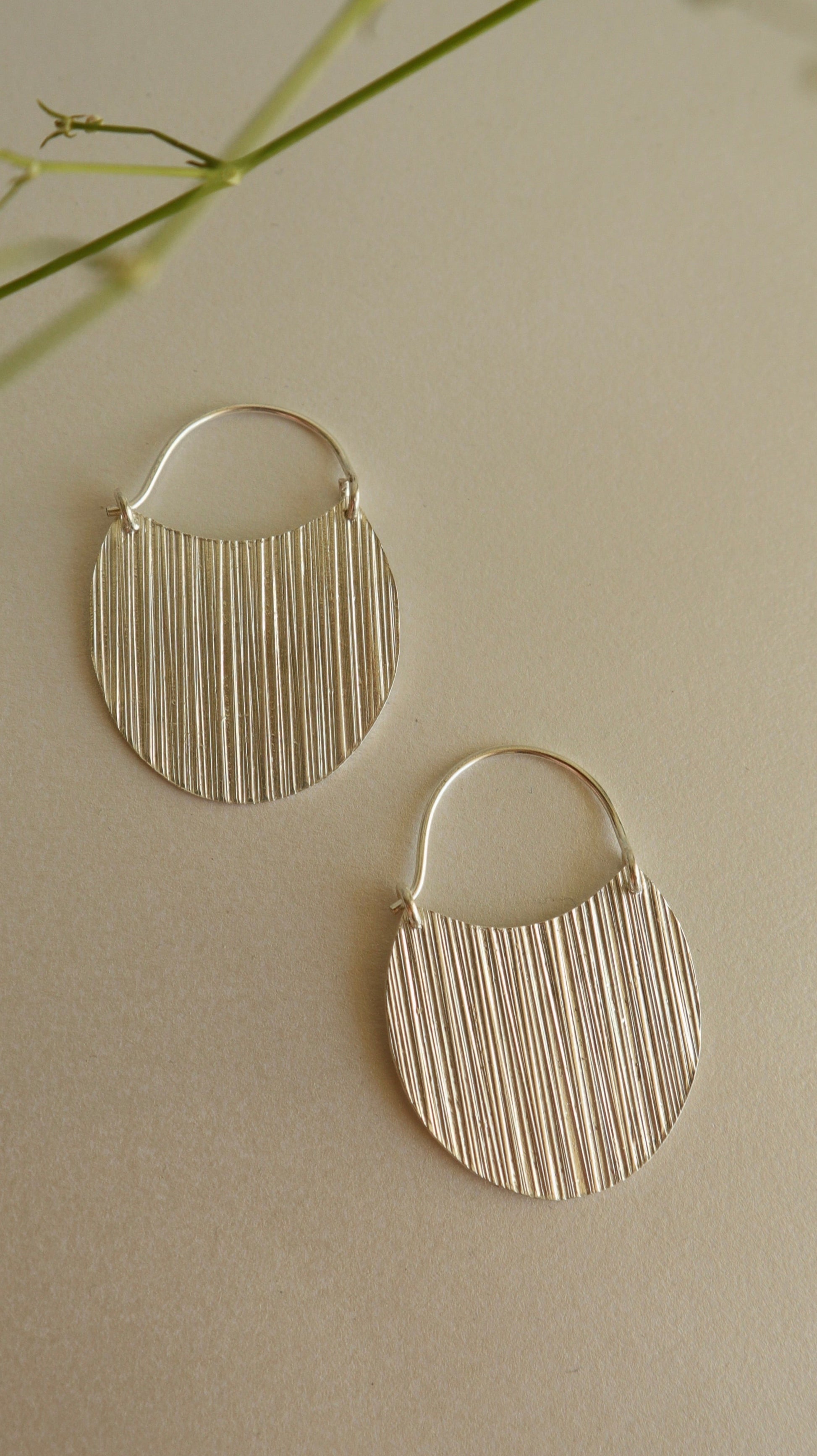 A pair of silver hoop earrings with a matted finish, placed on a beige surface with some plant foliage in the background.