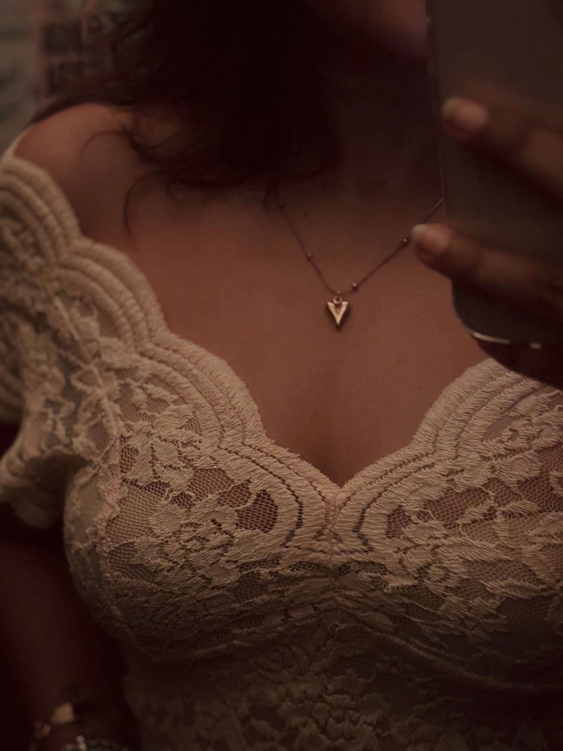 Person wearing a lace garment and gold necklace with a heart pendant.